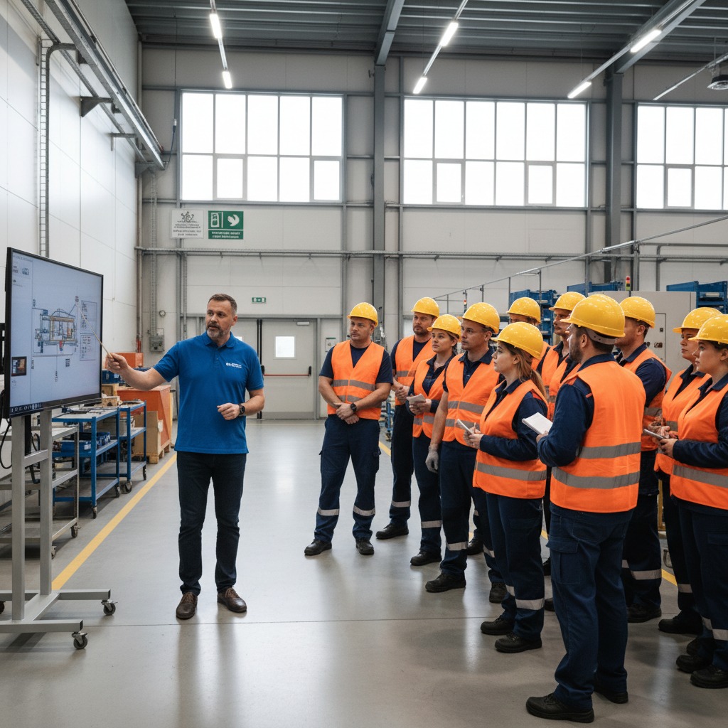 Instruktor w niebieskiej koszulce prowadzi szkolenie dla grupy pracowników w odblaskowych kamizelkach i kaskach ochronnych w hali produkcyjnej.